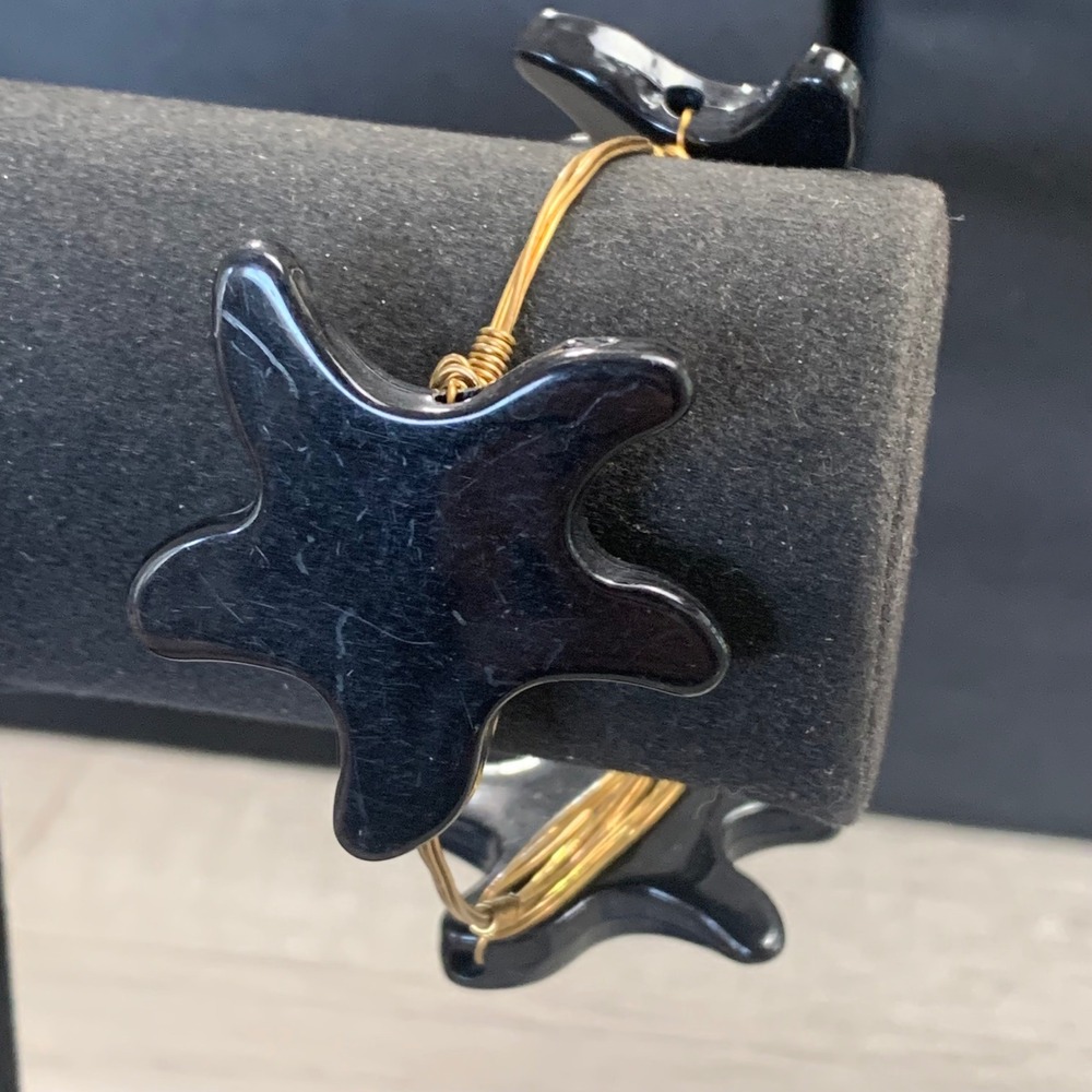 Gold Tone Wire Wrapped Starfish Bangle Bracelet Black Nautical Beach Jewelry